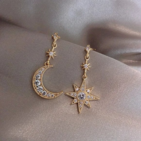 chichigems Jewelry - Sparkly Crescent Moon & Stars Celestial Ethereal Gold & CZ Diamonds Earrings